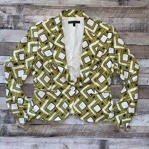 Vintage 90s Lafayette 148 Green White Retro Abstract Shoulder Pads Blazer | 6